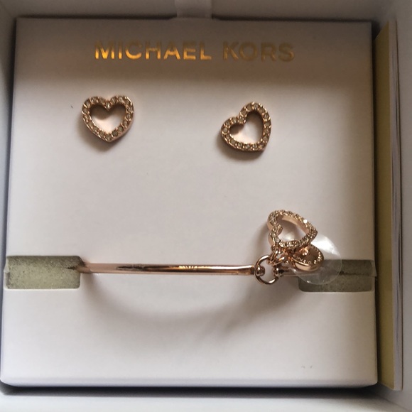 Michael Kors Rose Gold Plated Over Brass Heart Stud Earrings & Bangle Set NWT - Picture 5 of 12